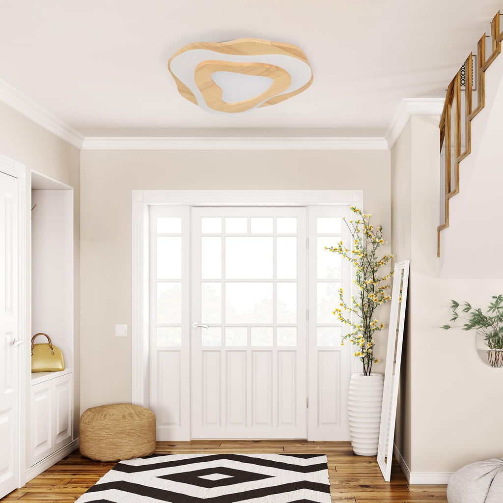 Littleglovo 15.7' Modern Flush Mount LED Chandelier for Dining Room, Natural Wood Petal Energy Chandeliers Ceiling Light for Entryway Bedroom Foyer Kitchen Living Room Bathroom