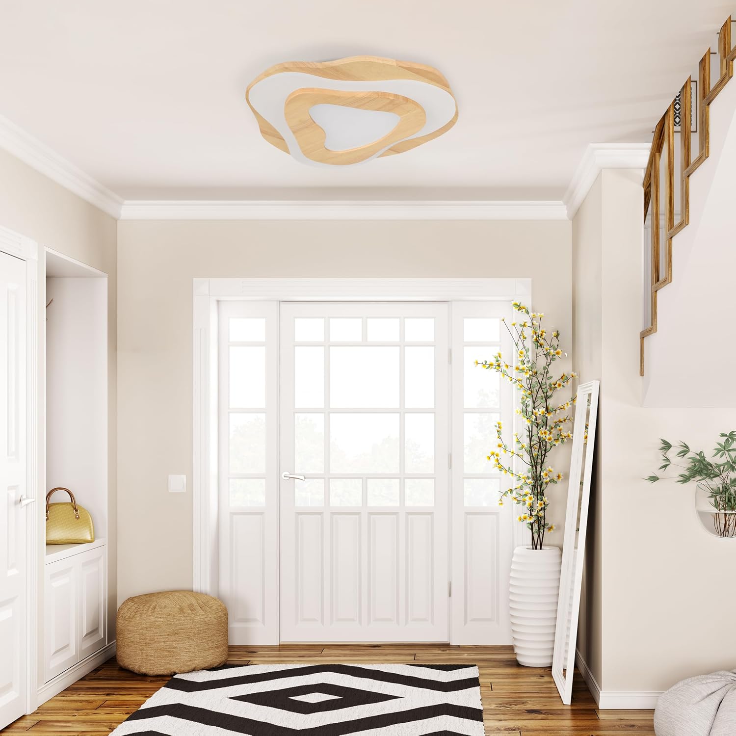 Littleglovo 15.7' Modern Flush Mount LED Chandelier for Dining Room, Natural Wood Petal Energy Chandeliers Ceiling Light for Entryway Bedroom Foyer Kitchen Living Room Bathroom