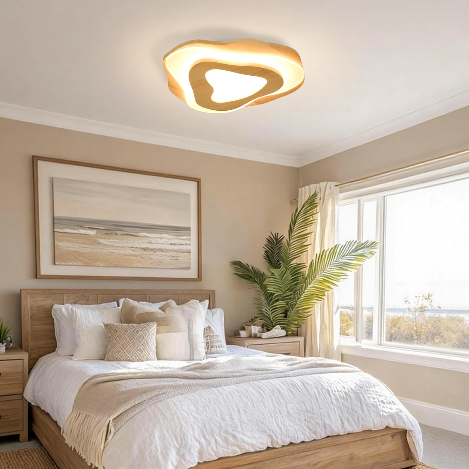 Littleglovo 15.7' Modern Flush Mount LED Chandelier for Dining Room, Dimmable Natural Wood Petal Energy Chandeliers Ceiling Light for Entryway Bedroom Foyer Kitchen Living Room Bathroom