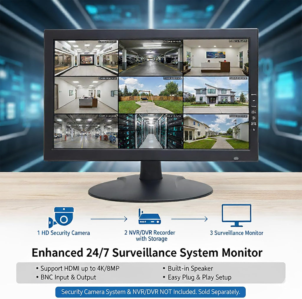 1stPV Precision 18.5' Scaled 4K Security LED Monitor, Super Sampling Anti-Aliasing (SSAA) for Ultra-Smooth, Pixel-Perfect Detail, HDMI Scaled 4K/8MP, BNC In/Out, VGA, Ideal for DVR 24/7 Surveillance