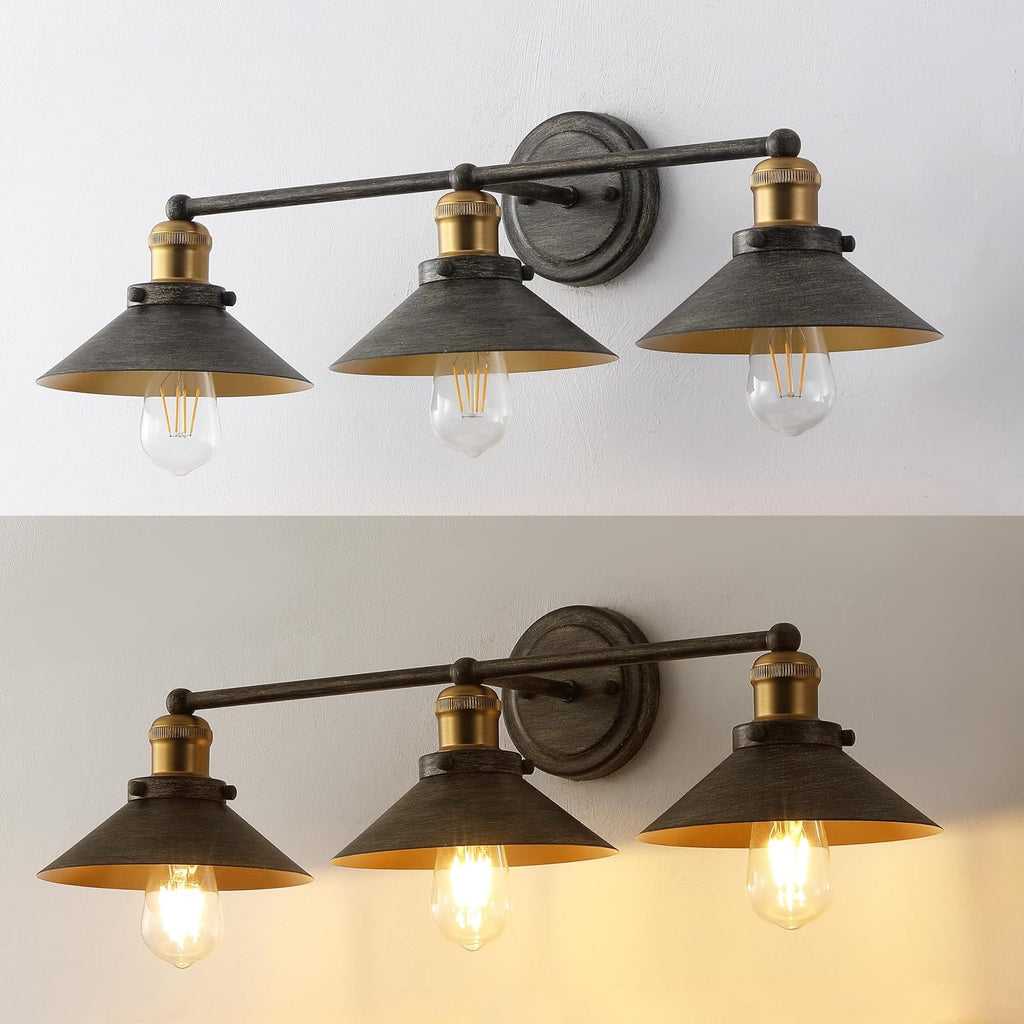 JONATHAN Y 26.5' Rustic Dark Gray/Brass Gold 3-Light Industrial Farmhouse Metal Vanity Light Wall Sconce, Metal Shade for Bathroom Mirror, Kitchen, Entryway, LED Bulb Included (JYL7428D)