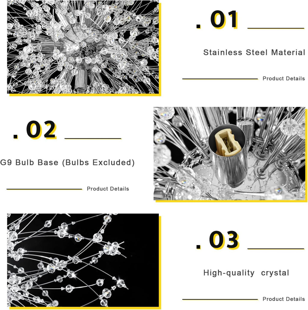 Qamra Modern Crystal Chandeliers, Chrome Firework Dandelion Sputnik Chandelier Light Fixture Pendant Lighting for Dining Room, Bedroom, Kitchen, Living Room(9-Light, Chrome)