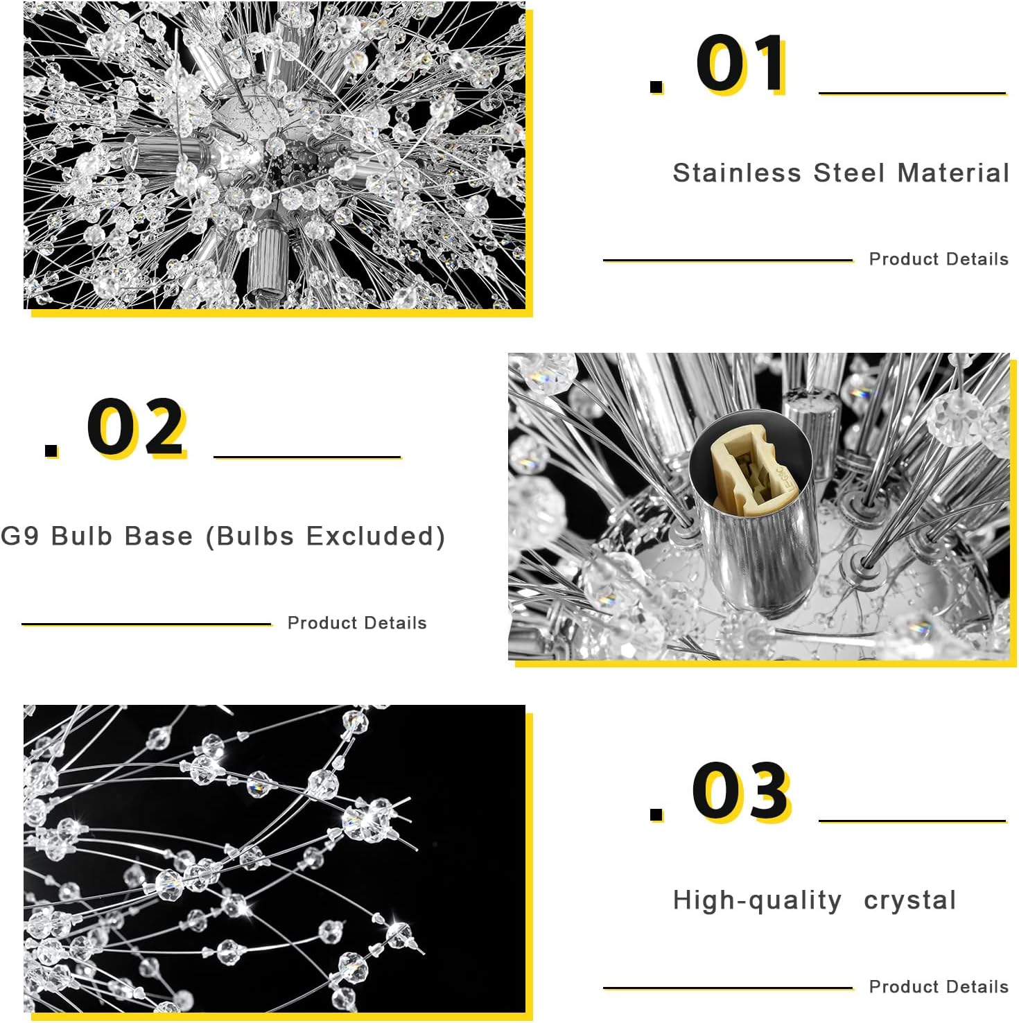 Qamra Modern Crystal Chandeliers, Chrome Firework Dandelion Sputnik Chandelier Light Fixture Pendant Lighting for Dining Room, Bedroom, Kitchen, Living Room(9-Light, Chrome)