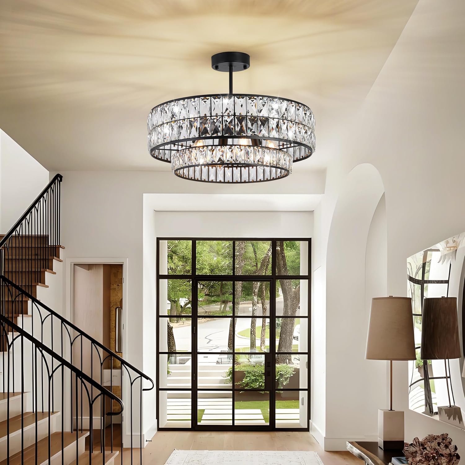 Black Crystal Chandelier 6-Light, 20 Inch Drum Semi-Flush Mount Pendant Light, Modern Ceiling Fixture for Dining Room, Foyer, Bedroom