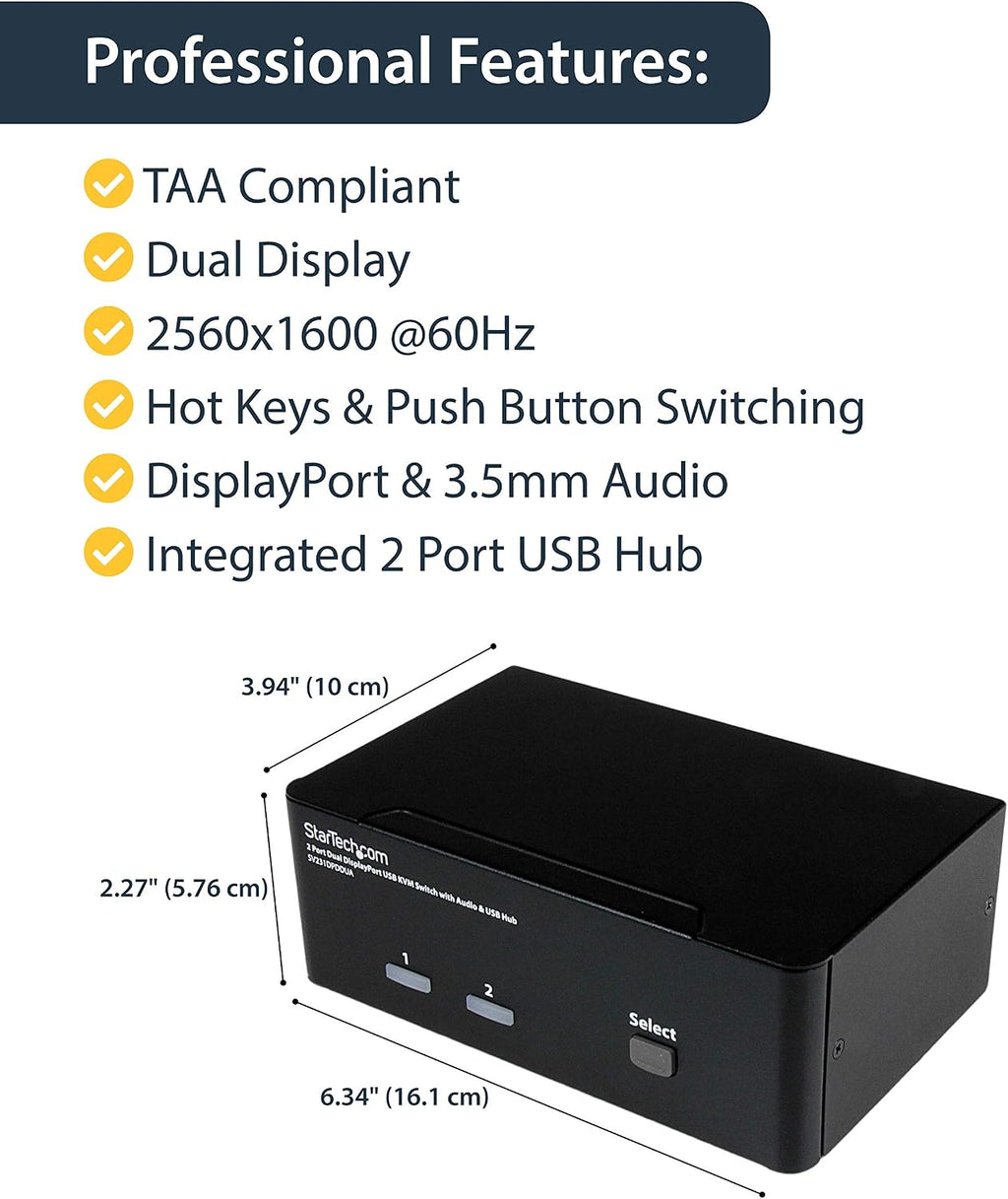 StarTech.com Dual Monitor DisplayPort KVM Switch with 6ft 4-in-1 USB DisplayPort KVM Switch Cable