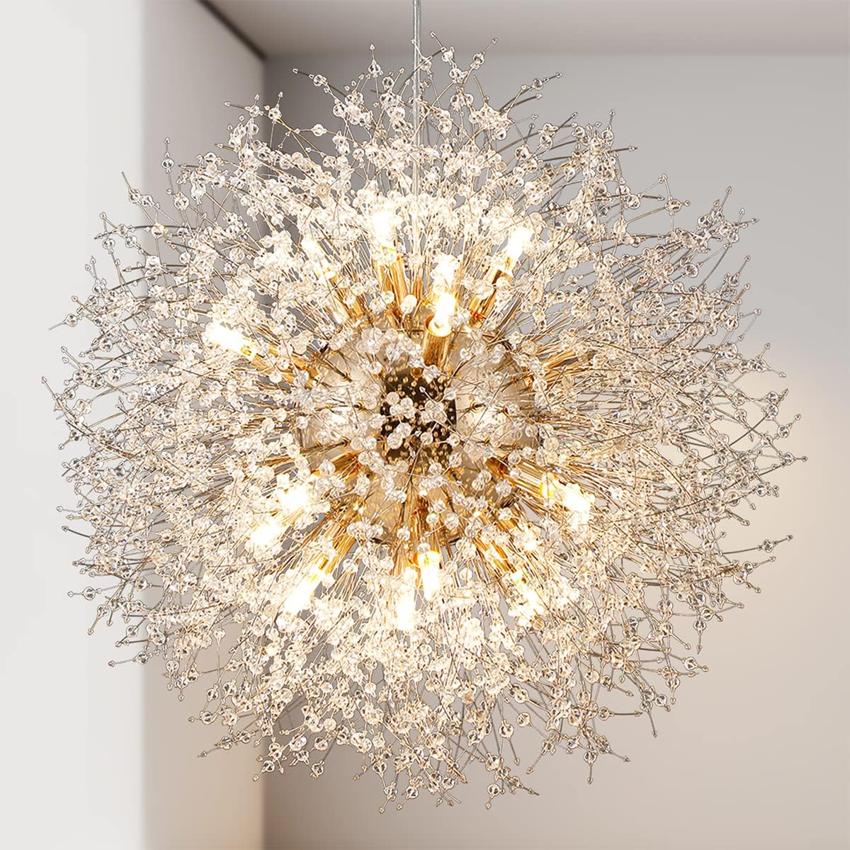 Modern Crystal Chandelier Dandelion, 16-Light Large Sputnik Crystal Chandelier Gold, 23.6' Firework Chandelier Light Fixture for Living Room Bedroom