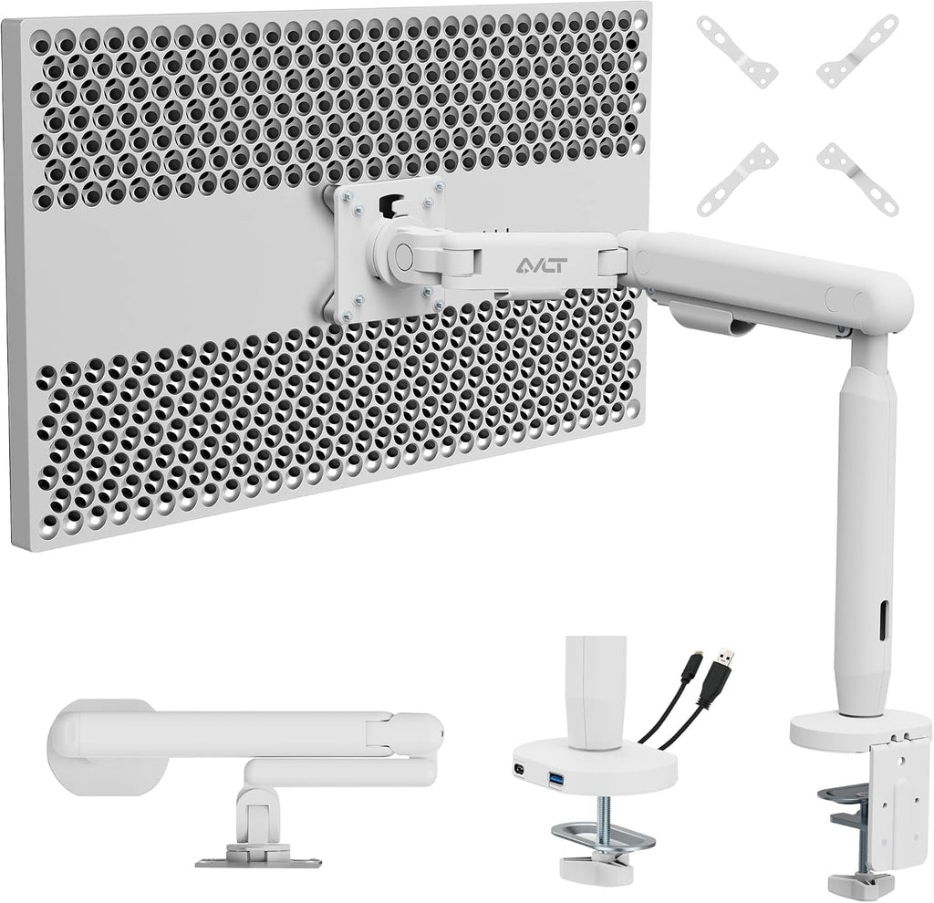 AVLT Single 17'-40' Ultrawide 3-Segment Easel Monitor Arm for Screens Up to 24.3 lbs, Aluminum Designer Stand, Adjustable Pneumatic Height, Full Motion Swivel Tilt Rotation, USB-C&A Ports, White