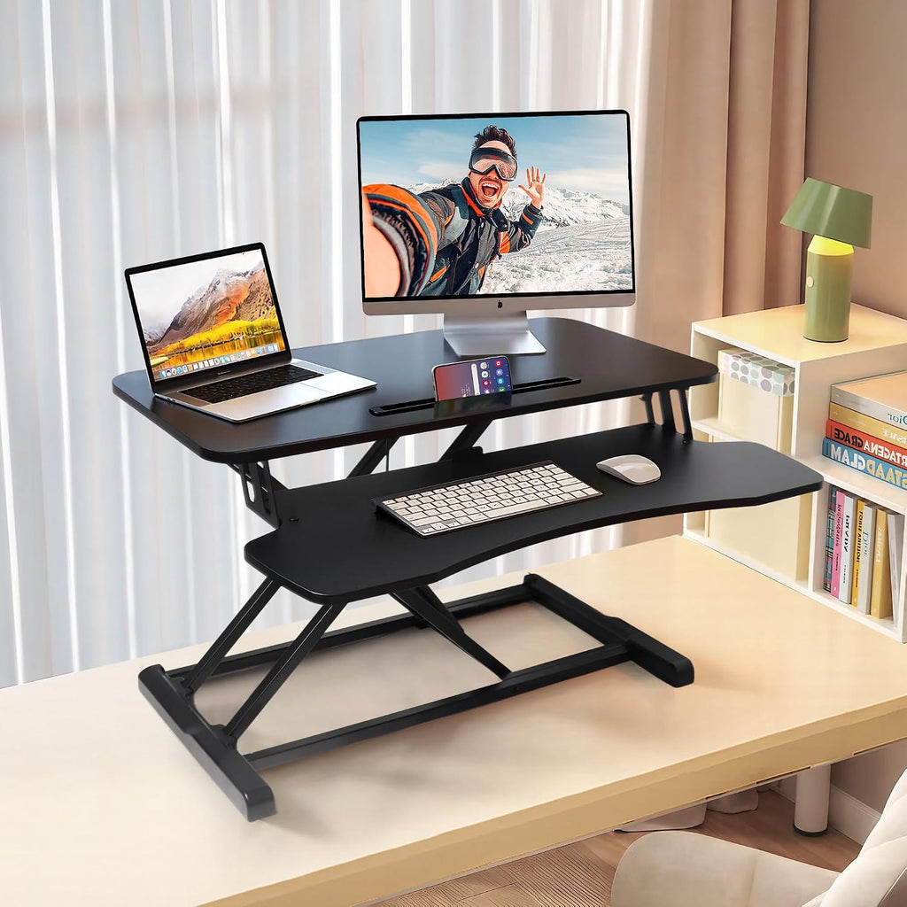 32 inch Standing Desk Converter, Height Adjustable Sit Stand Riser for Home Office,Stand Up Desk Riser, Quick Sit to Stand Tabletop with Keyboard Tray，Black