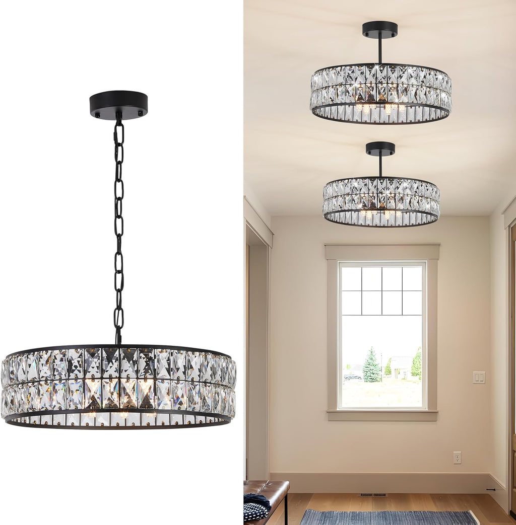 Modern Elegant 6-Light Black Crystal Chandelier, 18-Inch Oversized Round Semi Flush Mount Ceiling Light Fixture, Perfect for Enhancing Kitchen Island Ambiance & Stylish Entryway Décor