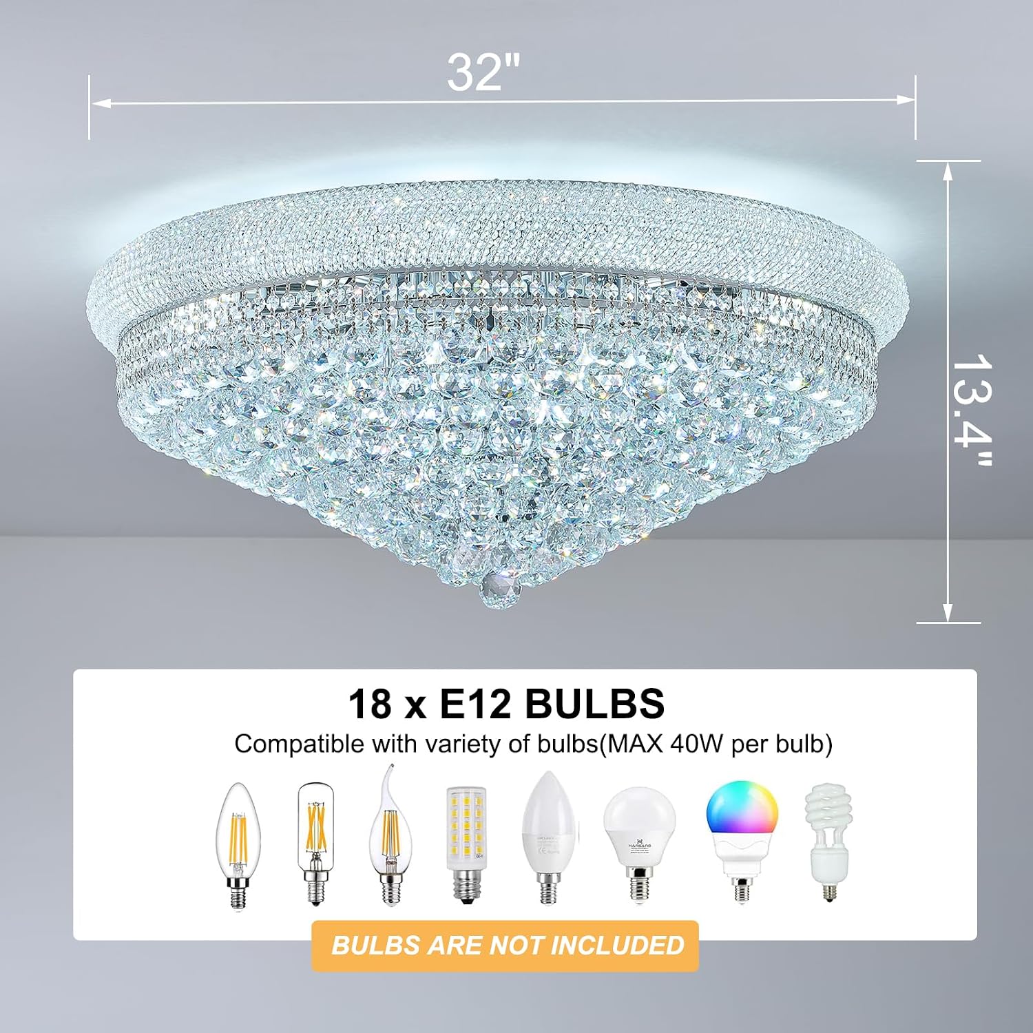 18 - Light Crystal Flush Mount Chandelier Ceiling Light Fixture for Living Room Dining Room Entryway Foyer Chrome Finish