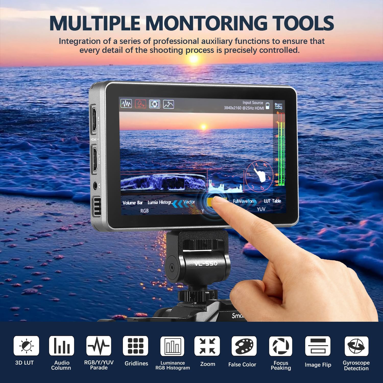 VILTROX DC-X2 6'' Touchscreen Camera Monitor 4K HDMI, Ultra Bright 2000nits Camera Field Monitor with Battery and Sunshade Hood, 3D LUT, Focus Peaking, Vector Scope, Full HD 1920x1080