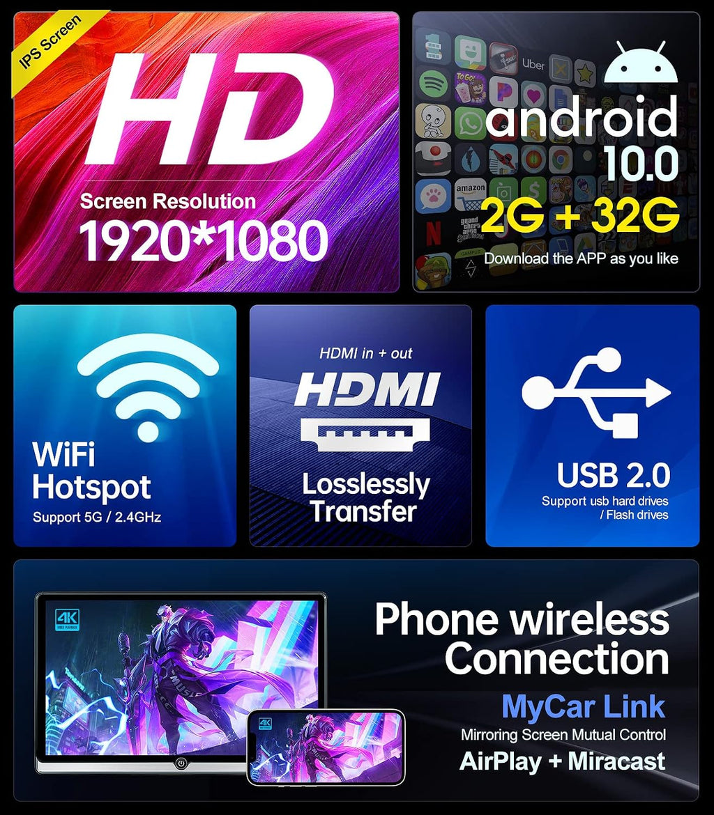 14 inch 4K Android 10.0 Portable Car TV Headrest Monitor Tablet for Back seat, Support Phone Wireless mirroring Touch Screen,with WiFi/Bluetooth/HDMI/USB/SD/FM/Airplay Video Player 2G+32G(2*PCs)