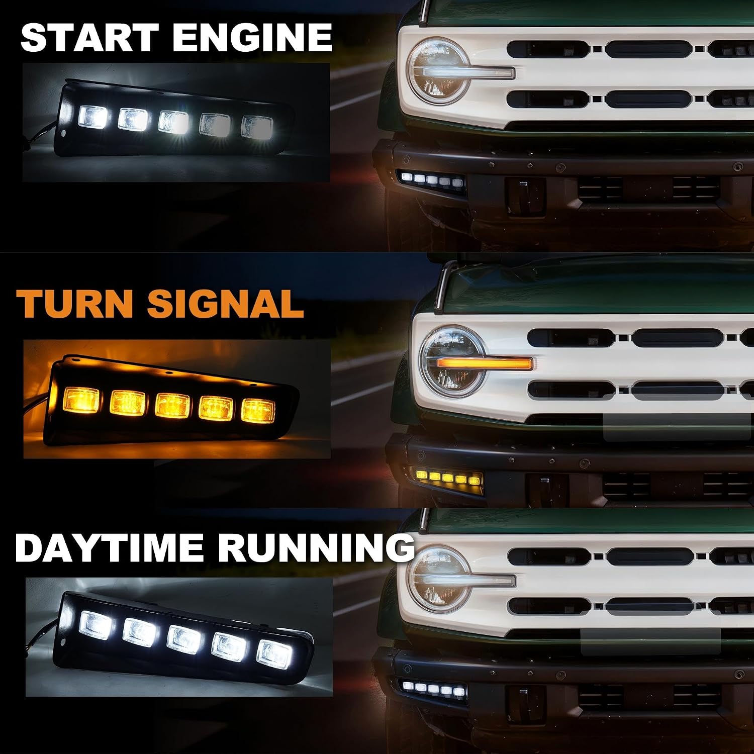 LED Fog Lights Compatible with Ford Bronco 2021-2026 Accessories | 2/4 Door, Modular Bumper, Sequential LED, Switchback DRL Turn Signal Lamps, White/Amber Light, 2PCS