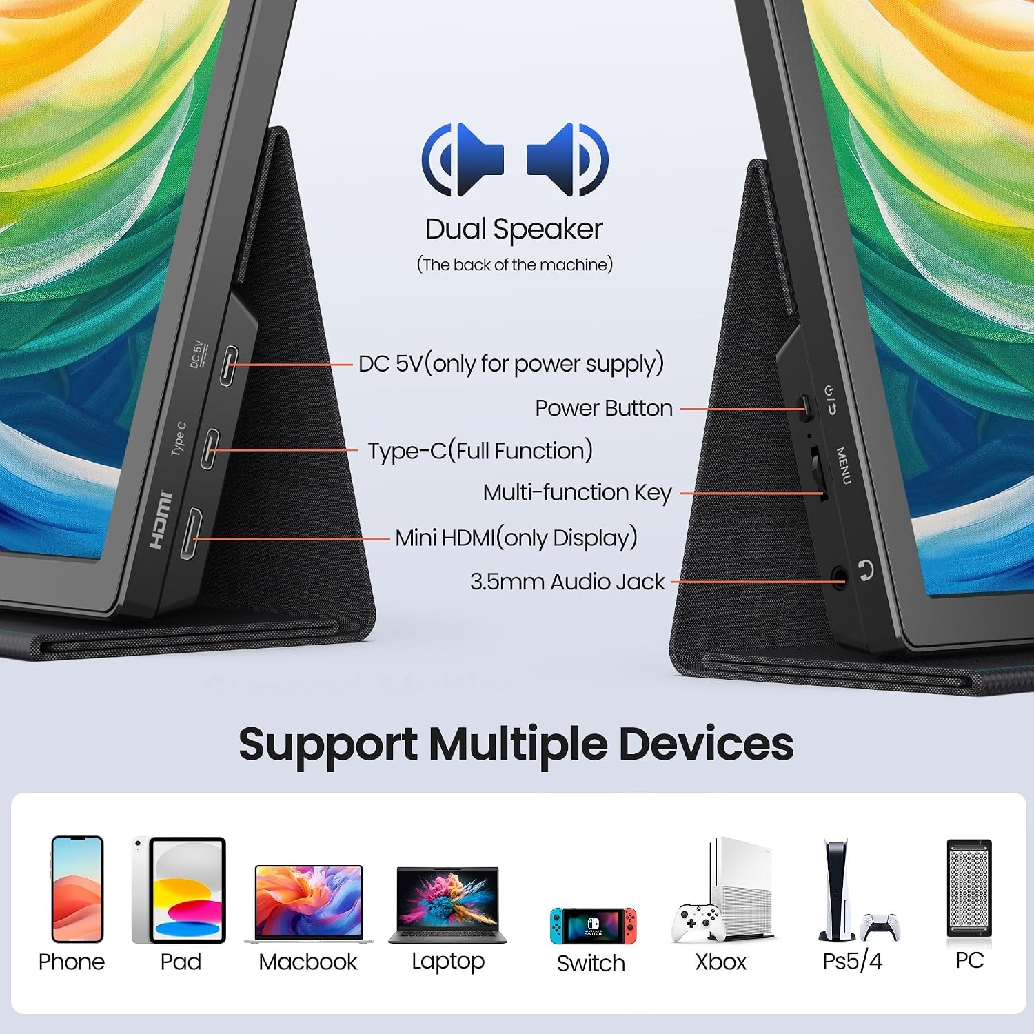 FANGOR 15.6 Inch Portable Monitor, FHD 1080P Monitor for Laptop, HDR IPS Computer Gaming Display, USB-C HDMI Screen Extender with Smart Cover for PC Laptop Phone Mac Xbox PS4/5 Switch, Dual Speaker