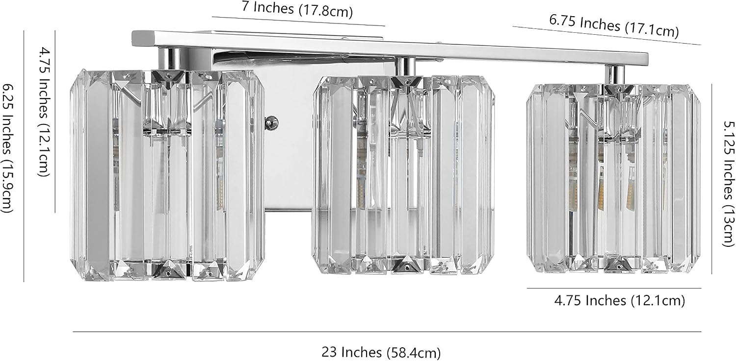 JONATHAN Y 4.75' Chrome 3-Light Vintage Glam LED Vanity Light Wall Sconce Fixture with Clear Crystal Prism Shade, Hardwired Wall Lamp for Bathroom Mirror Hallway, LED Bulb Included (JYL3554A)