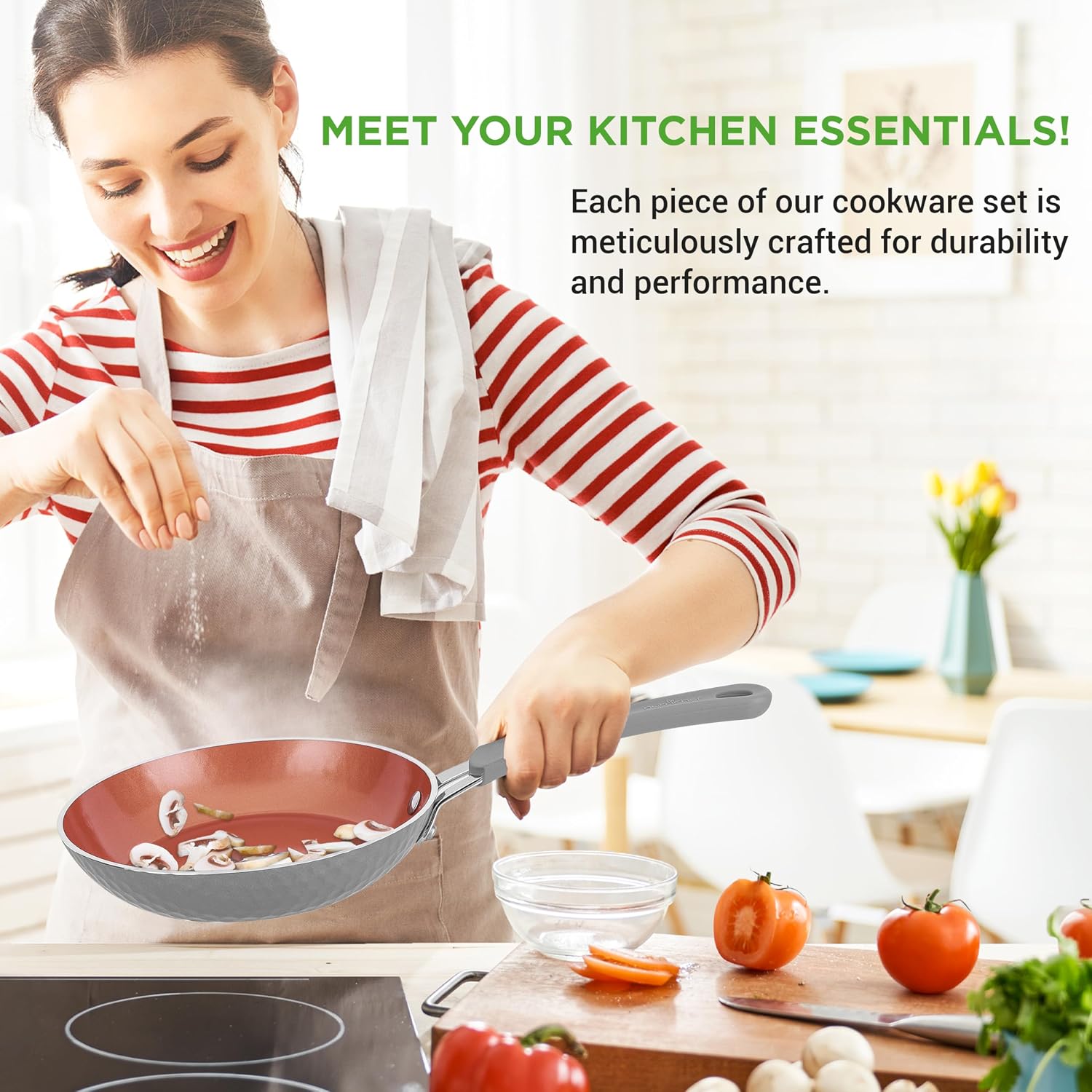 NutriChef 11 Piece Nonstick Ceramic Cookware Set - Pots and Pans Set with Ergonomic Handles, Induction Ready, Includes Saucepan, Dutch Oven, Large & Small Fry Pans