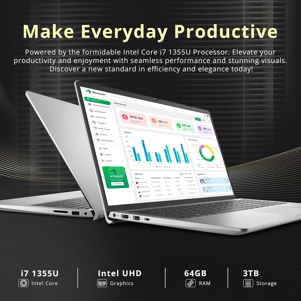 Dell 15 15.6' FHD Business Laptop, Intel Core i7-1355U, 64GB RAM, 3TB Storage(2TB SSD+1TB Docking Station Set), Intel UHD Graphics, Backlit Keyboard, Number Pad, Webcam, Wi-Fi 6, Win 11, Silver