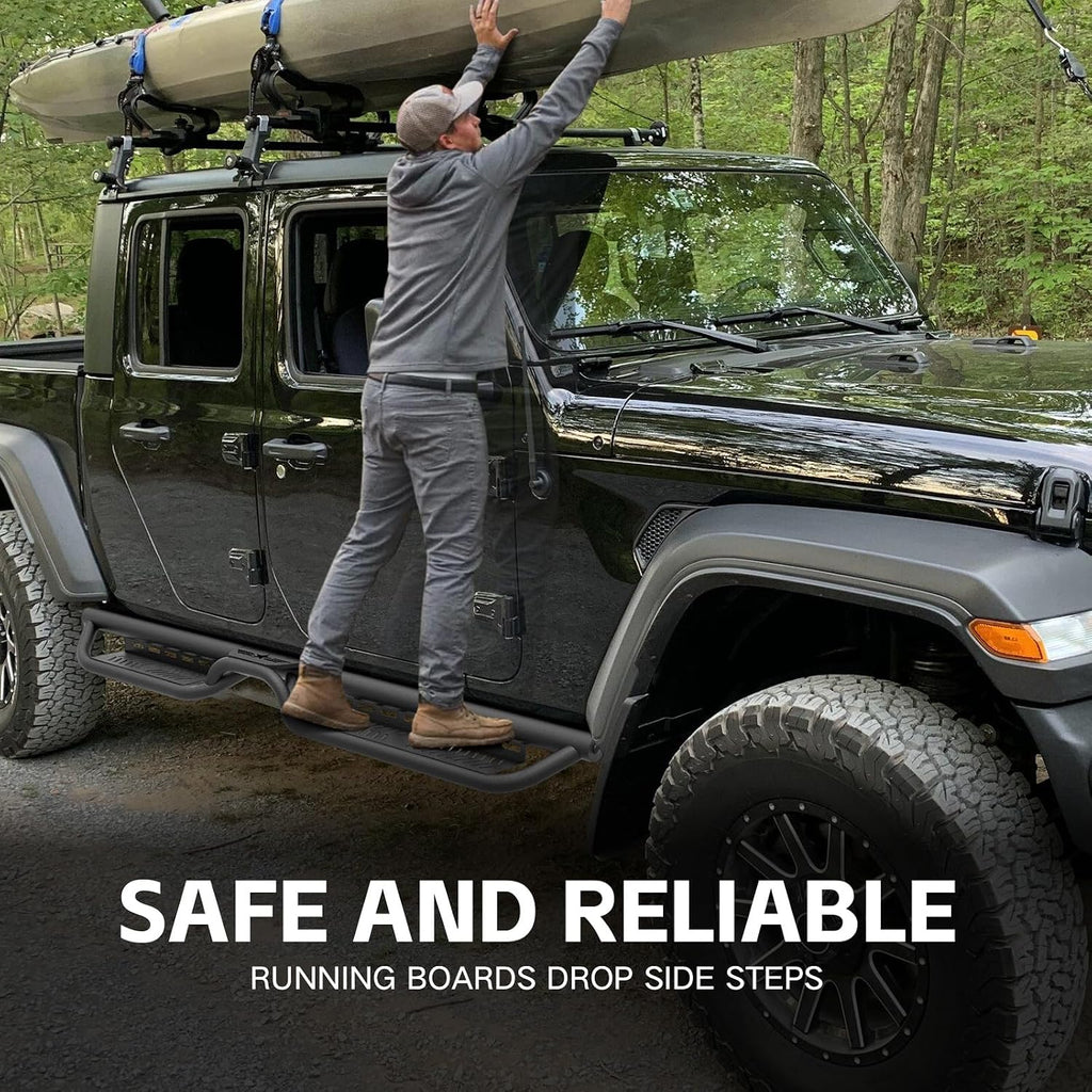 Running Boards Compatible with 2020-2026 Jeep Gladiator JT 4 Doors, Two Stairs Design Side Steps Heavy-Duty Steel Nerf Bars Bolt-on Step Plates RockSliders Rail
