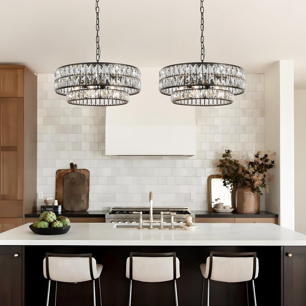 Black Crystal Chandelier 6-Light, 20 Inch Drum Semi-Flush Mount Pendant Light, Modern Ceiling Fixture for Dining Room, Foyer, Bedroom