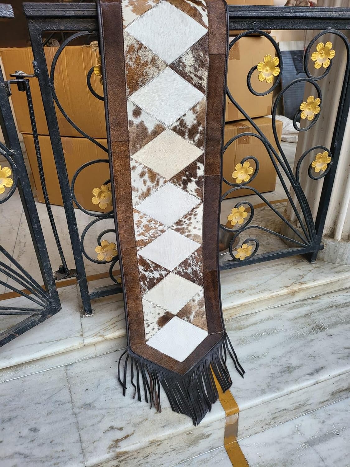 Leather Cow Hide Table Runner 12 x 72 inches Long Decorated with Brown and White Laser Cut Diamond Shape Patch in Between - Black Fringe at Both Corners