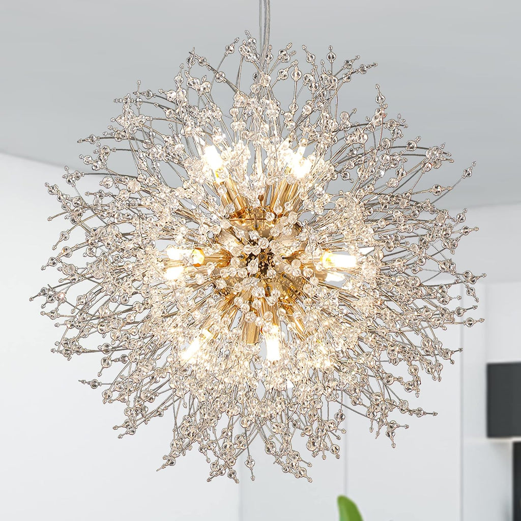 Firework Chandelier Gold, 12-Light Modern Crystal Chandelier Dandelion, 21.6' Stainless Steel Sputnik Pendant Hanging Light for Dining Room Bedroom