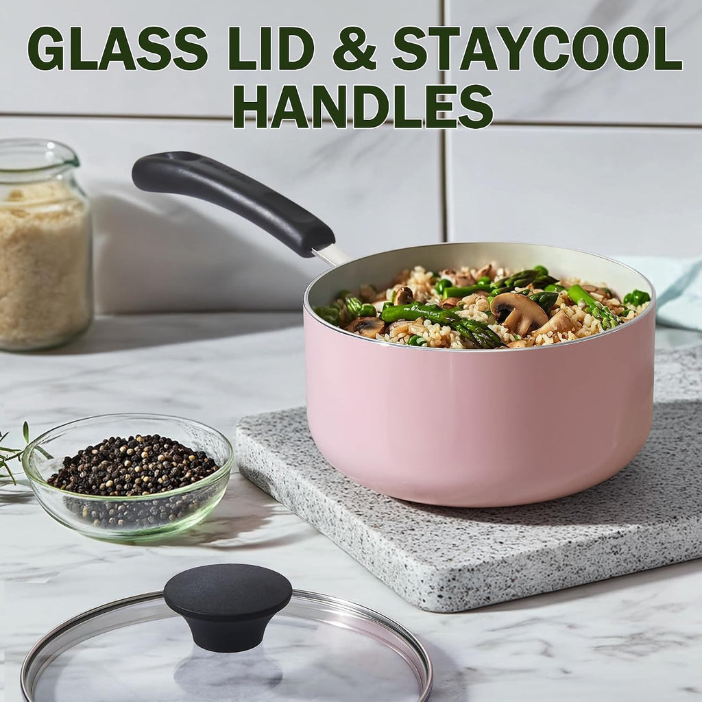 Cook N Home Basics Ceramic Nonstick Cookware Set, 10-Piece, Pink | Nonstick Pots and Pans Set
