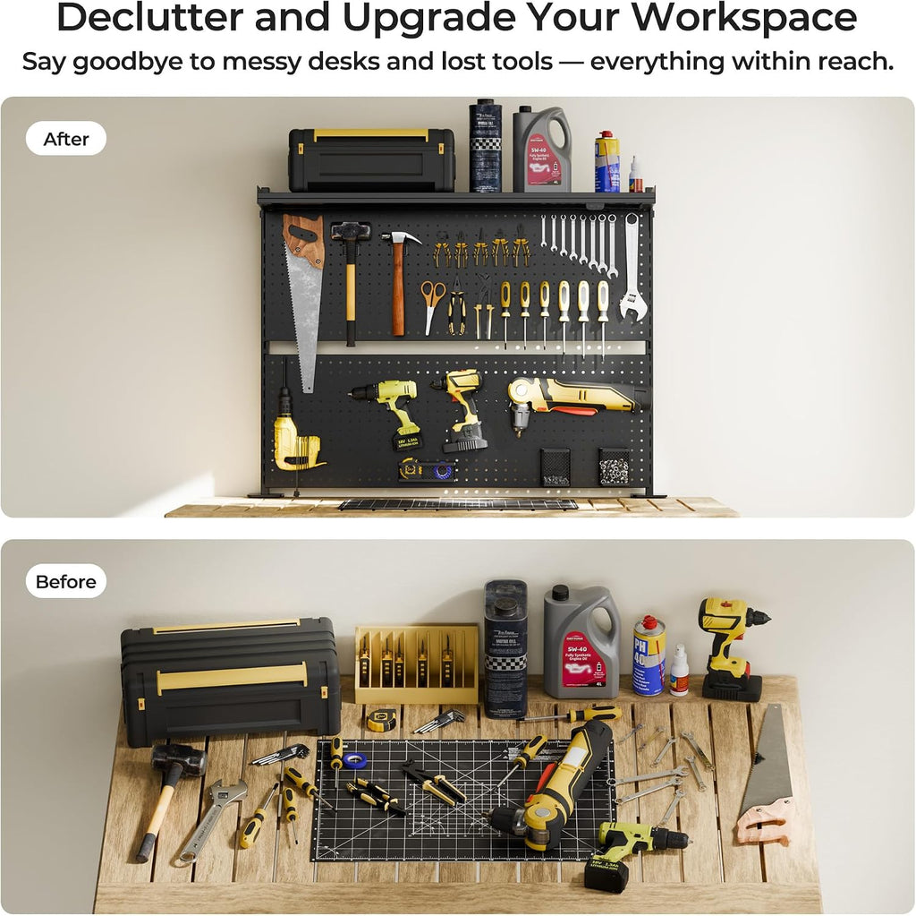 EUREKA ERGONOMIC Metal Pegboard, 43x34inch Clam on Desk Pegboard with Dual Monitor Stand, Garage Pegboard with 4 Accessories, Desk Shelves for Tool organizer, Office, Gaming Desk, Workbench, Black