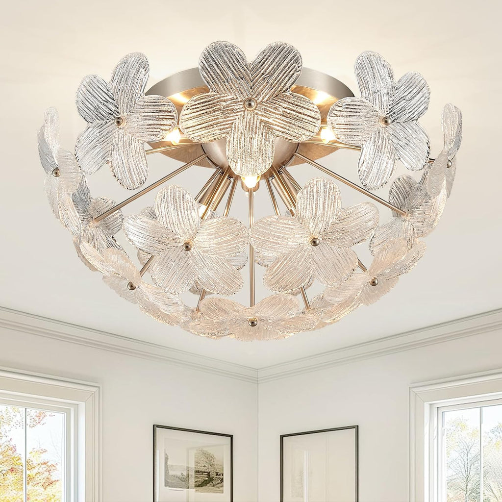 Modern Small Semi Flush Mount Ceiling Light Fixture, Flower Brush Nickel Ceiling Light Glass Chandelier for Bedroom Bathroom Closet Entryway Living Room Indoor Kitchen Foyer Hallway