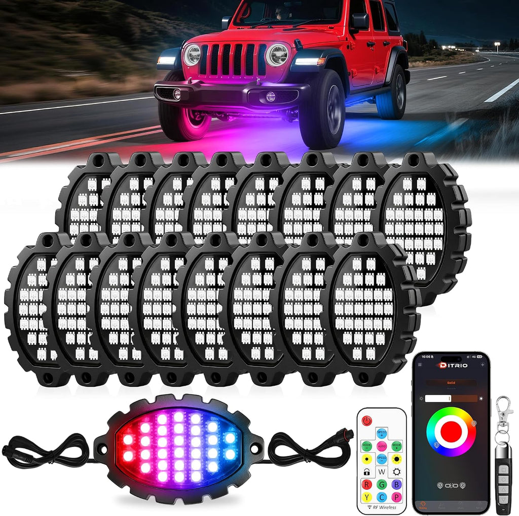 16 Pods Metal Aluminum RGB Rock Lights for Trucks Jeep UTV SUV ATV Golf Cart, Multi Chasing Color App/Remote Control Led Rock Lights with Music Mode, Waterproof Underglow Kits for Cars(Patented)