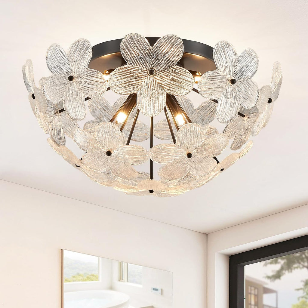 18.5' Black Semi Flush Mount Ceiling Light Fixture, Modern Flower Ceiling Light Fixture Glass Chandelier for Bedroom Bathroom Closet Entryway Foyer Hallway