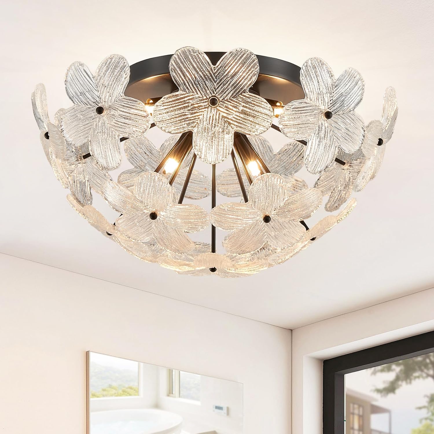 18.5' Black Semi Flush Mount Ceiling Light Fixture, Modern Flower Ceiling Light Fixture Glass Chandelier for Bedroom Bathroom Closet Entryway Foyer Hallway