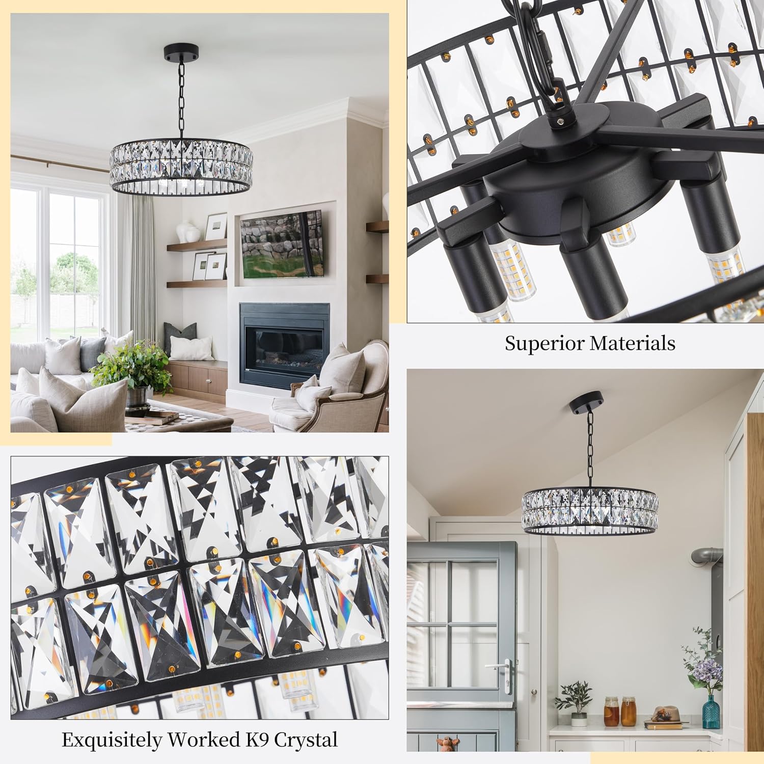 Modern Elegant 6-Light Black Crystal Chandelier, 18-Inch Oversized Round Semi Flush Mount Ceiling Light Fixture, Perfect for Enhancing Kitchen Island Ambiance & Stylish Entryway Décor