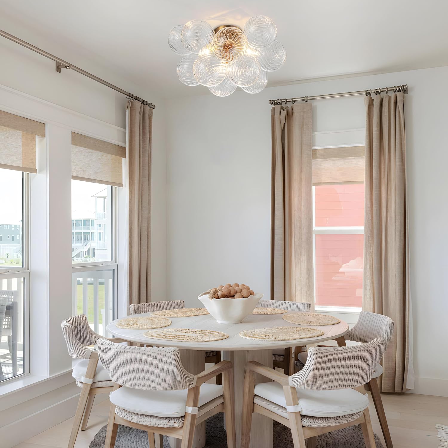 GoYeel Semi Flush Chandelier Gold, Modern Light Fixtures Ceiling Mount Lighting Pendant 3 Light Dining Chandeliers Over Table Glass 18.5' 13 Clear Swirled Globe for Foyer Bedroom Kitchen