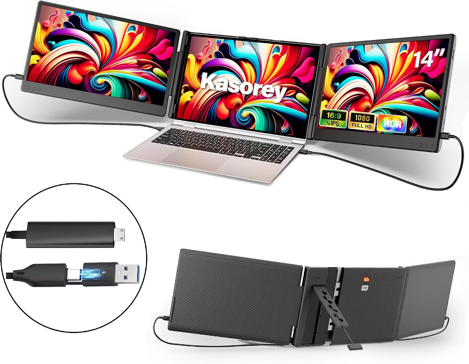 kasorey T2 pro Laptop Screen Extender Portable Monitor + H5-M Video Signal Conversion Cable