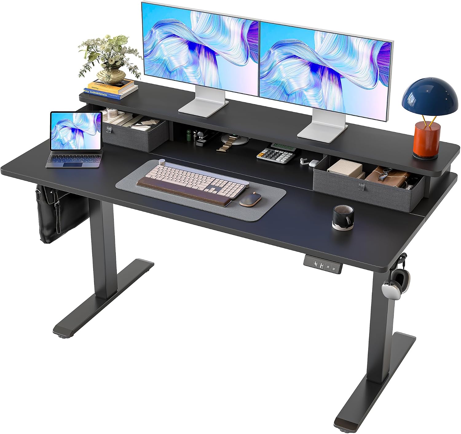 TIQLAB Standing Desk with Two Drawers, Stand Up Standing Desk Adjustable Height, Electric Sit Stand Table with Storage Shelf and Splice Board, 55 * 24 inch, Black