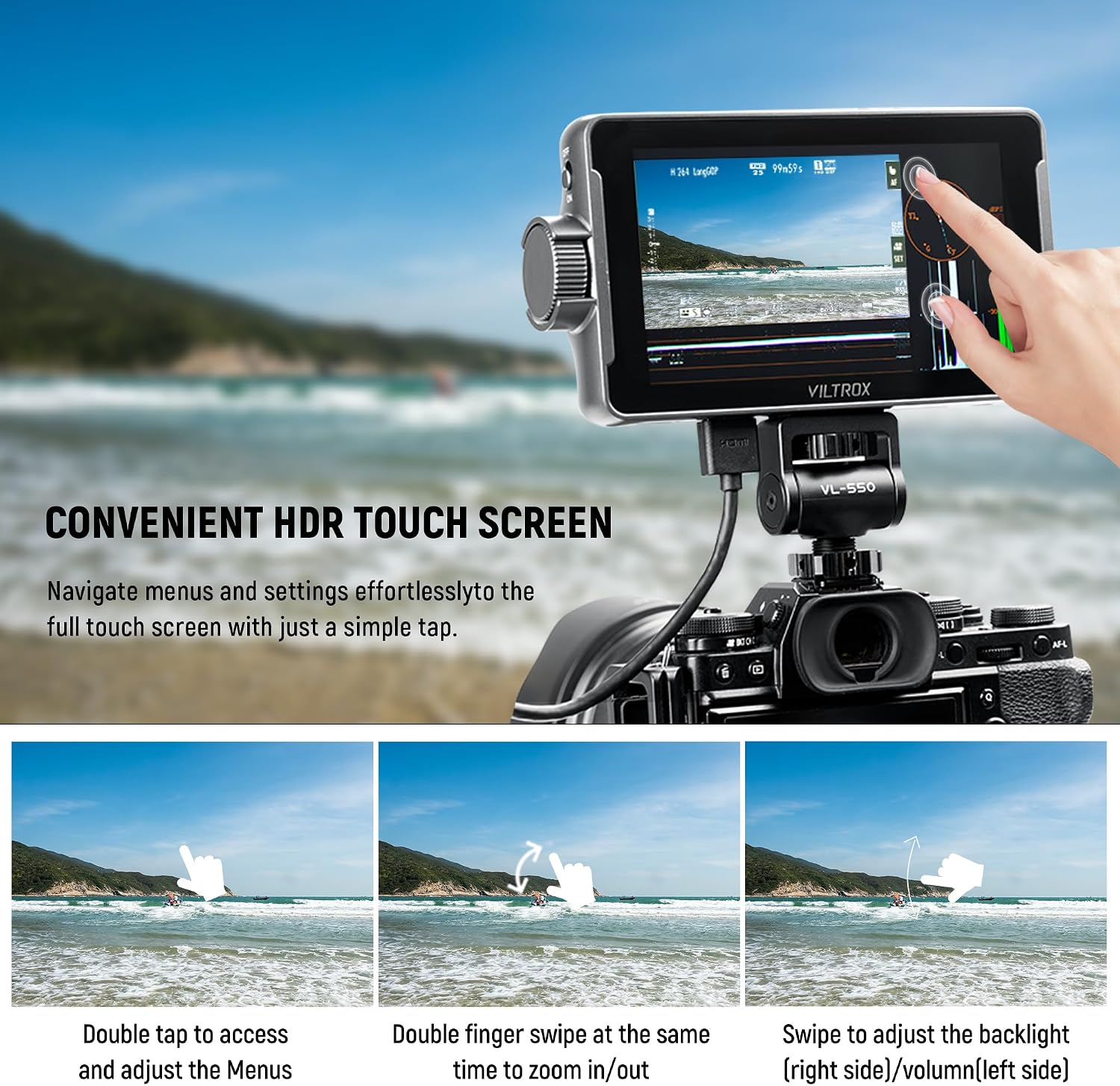 VILTROX DC-550 Pro 5.5 inch Camera Field Monitor, 4K HDMI Touchscreen DSLR Camera Monitor with Battery Sunshade Hood, 1200 Nits 3D Lut 1920X1080 HD Focus Peaking Assist On Camera Video Monitor