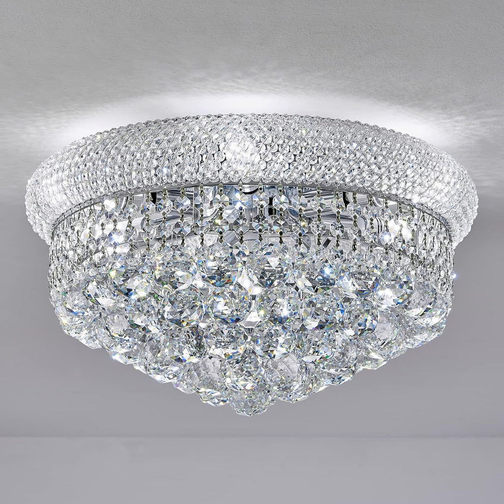 7 - Light Flush Mount Crystal Chandelier for Living Room Dining Room Entryway Hallway Bedroom Foyer Chrome Finish