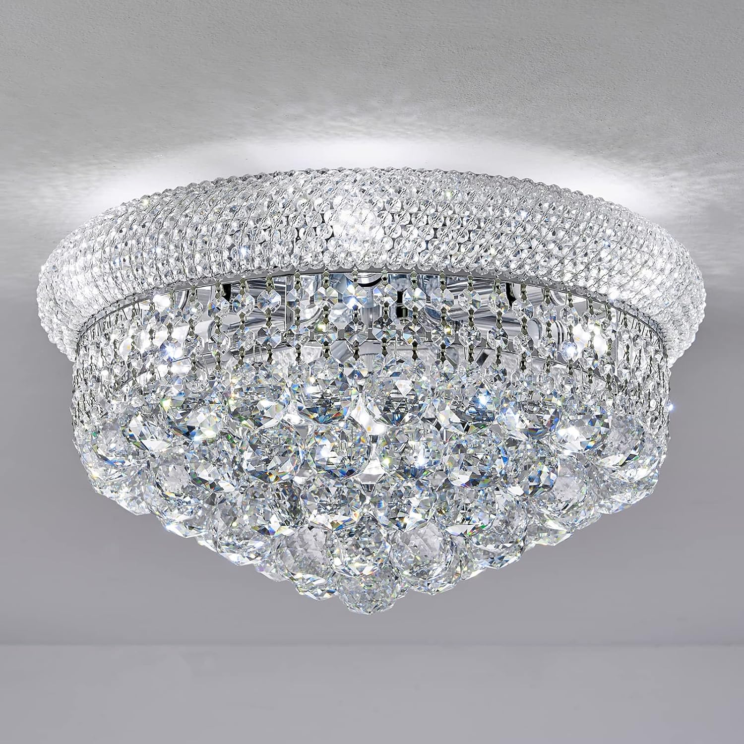 7 - Light Flush Mount Crystal Chandelier for Living Room Dining Room Entryway Hallway Bedroom Foyer Chrome Finish