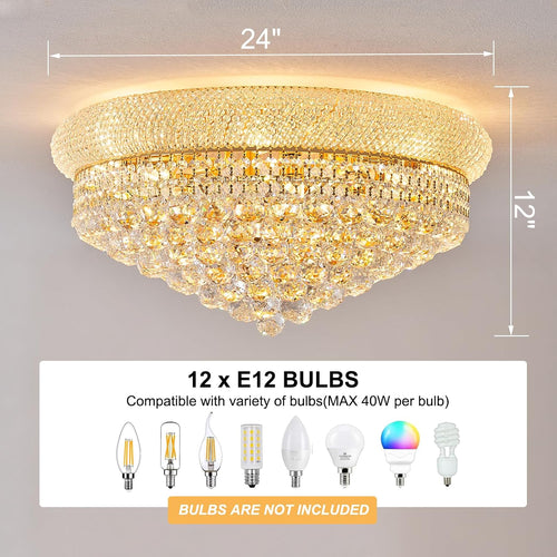 12 - Light Flush Mount Crystal Chandelier for Living Room Dining Room Entryway Hallway Bedroom Foyer Gold Finish
