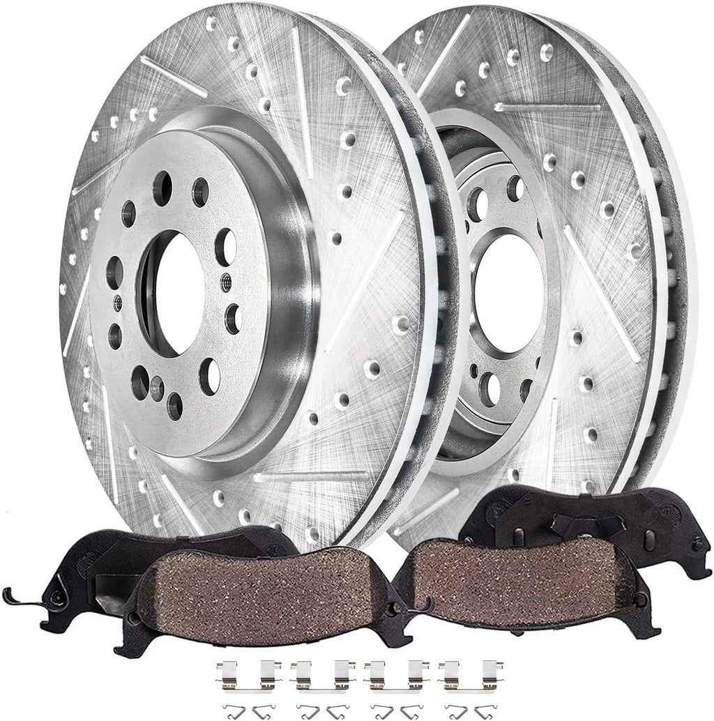 Detroit Axle - Front Brake Kit for 2017-2021 Honda Clarity 12.28' inch Drilled and Slotted Disc Brake Rotors Ceramic Brakes Pads with Hardware 2018 2019 2020 Replacement