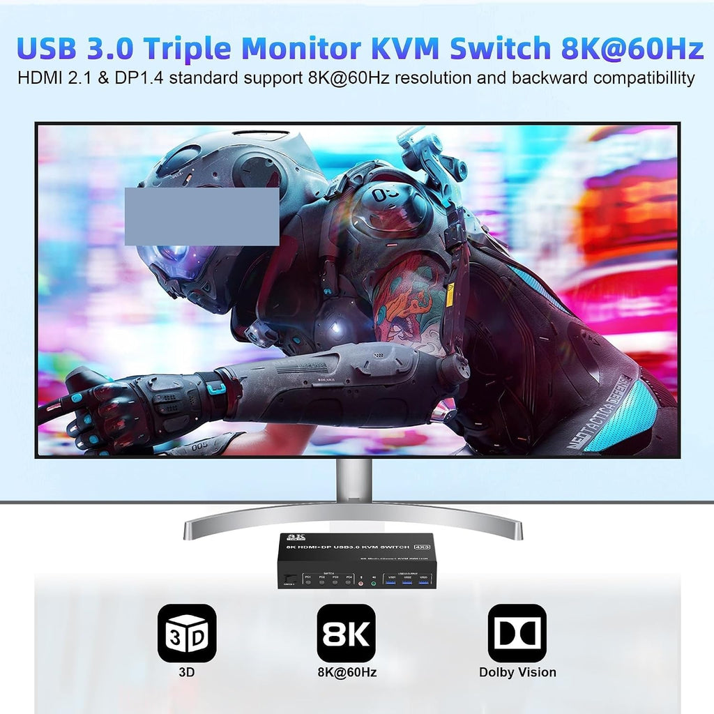 8K@60Hz 2 HDMI +1 DisplayPort KVM Switch Triple Monitor for 4 Computer with Audio and 3 USB 3.0 Ports, 3 Monitor KVM Switches(with AU Plug)