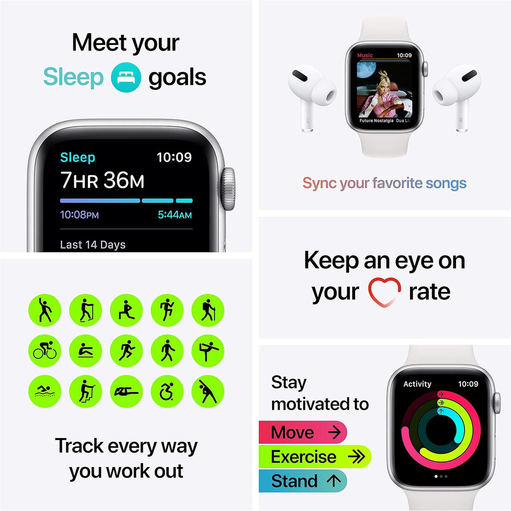Apple Watch SE (GPS, 44mm) - Silver Aluminum Case with White Sport Band (Renewed)