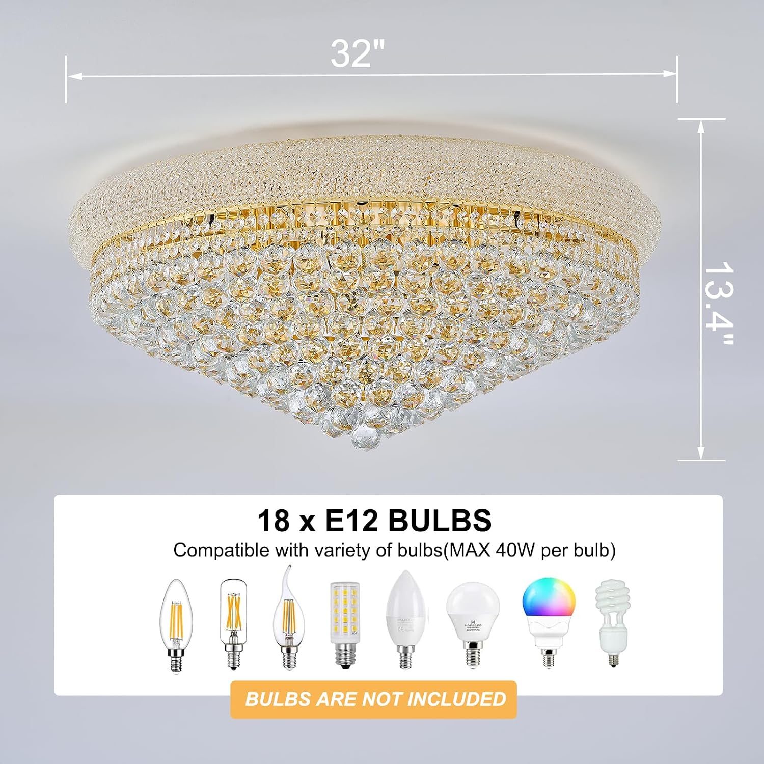 18 - Light Crystal Flush Mount Chandelier Ceiling Light Fixture for Living Room Dining Room Entryway Foyer Gold Finish