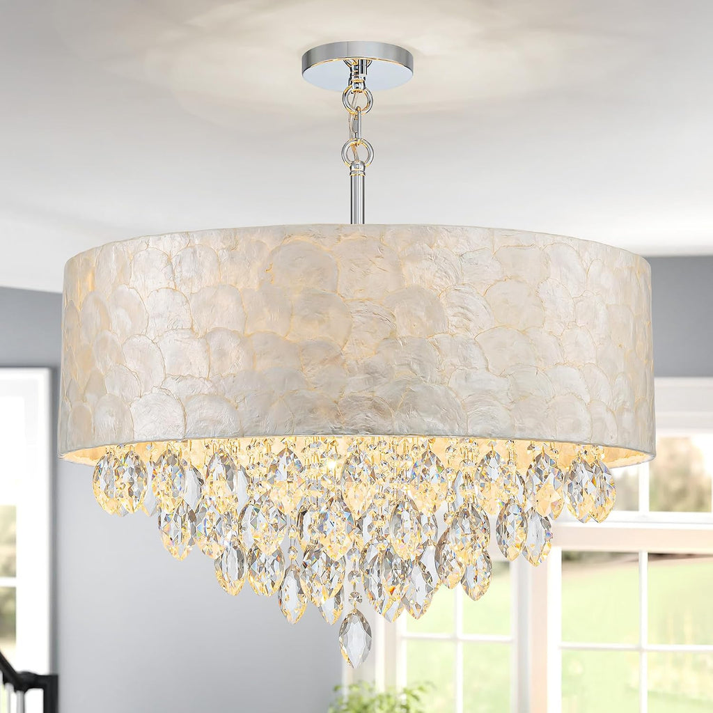 X-Large 6-Light Drum Capiz Shell K9 Crystal Chandelier, Coastal Style Pendant Light Fixture for Dining Room, Living Room, D24 * H24~70 inch (Adjustable), Clear Crystal & Chrome Finish