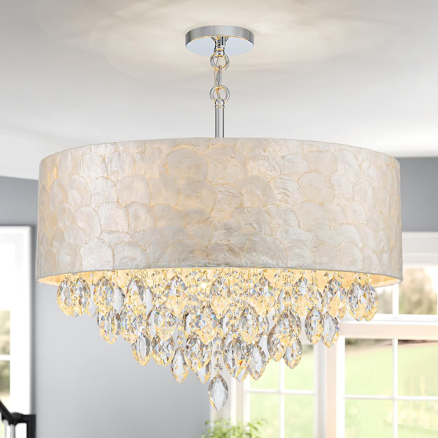 X-Large 6-Light Drum Capiz Shell K9 Crystal Chandelier, Coastal Style Pendant Light Fixture for Dining Room, Living Room, D24 * H24~70 inch (Adjustable), Clear Crystal & Chrome Finish