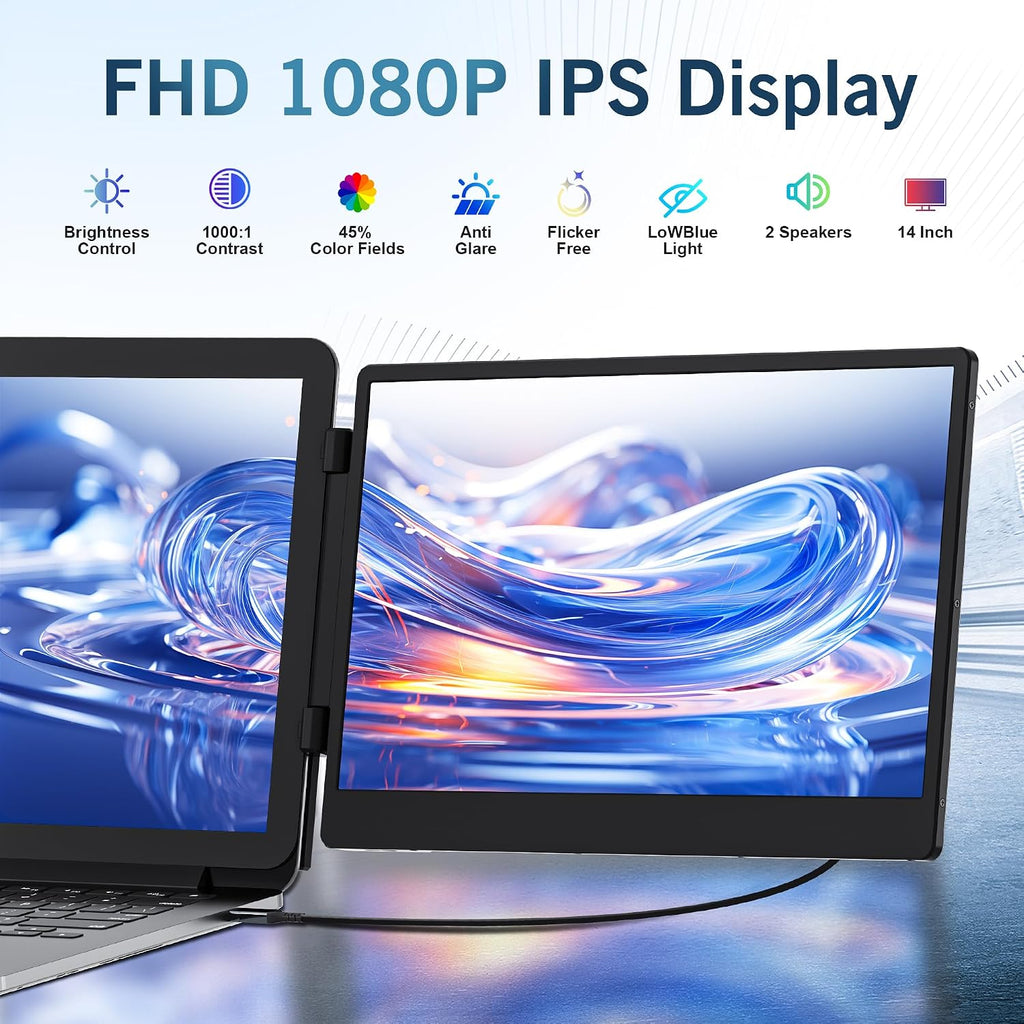 Laptop Screen Extender Portable, 14 Inch Triple Monitor for Laptop with IPS FHD 1080P Display, Plug and Play Laptops Monitor Extender Compatible with Mac, Wins, Dex, Chrome…