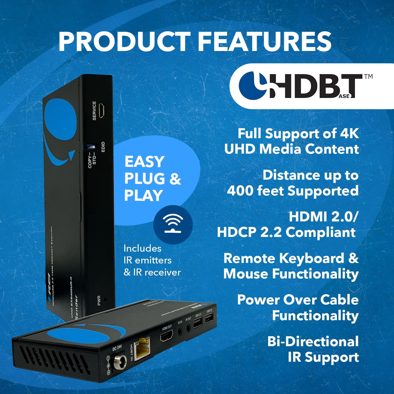 OREI 4K USB 2.0 HDMI Extender Over LAN HDBaseT PoC Single CAT5e/CAT6A/CAT7 Cable 4K @ 60Hz - Up to 400 Ft 4:4:4 - KVM Webcam Remote Keyboard Mouse USB Control - Digital Full HD