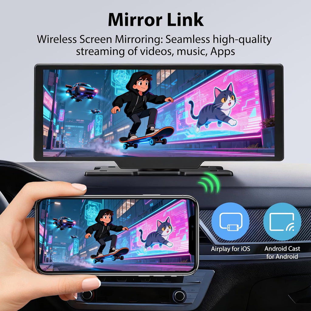 10.26' Wireless CarPlay Screen for Car: 4K Dash Cam & 1080P Backup Camera, Portable Touchscreen Car Stereo for Apple Carplay & Android Auto, GPS Navigation, Mirror Link BT FM Voice Control (ADAS)