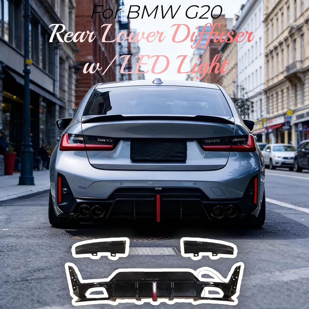 Rear Diffuser Fit for BMW 3 Series G20 330i/M340i LCI 2023-2024 Sedan 4-Door Gloss Black Rear Lower Diffuser with LED Light Automotive Exterior Accessories ABS 3PC Body Kit