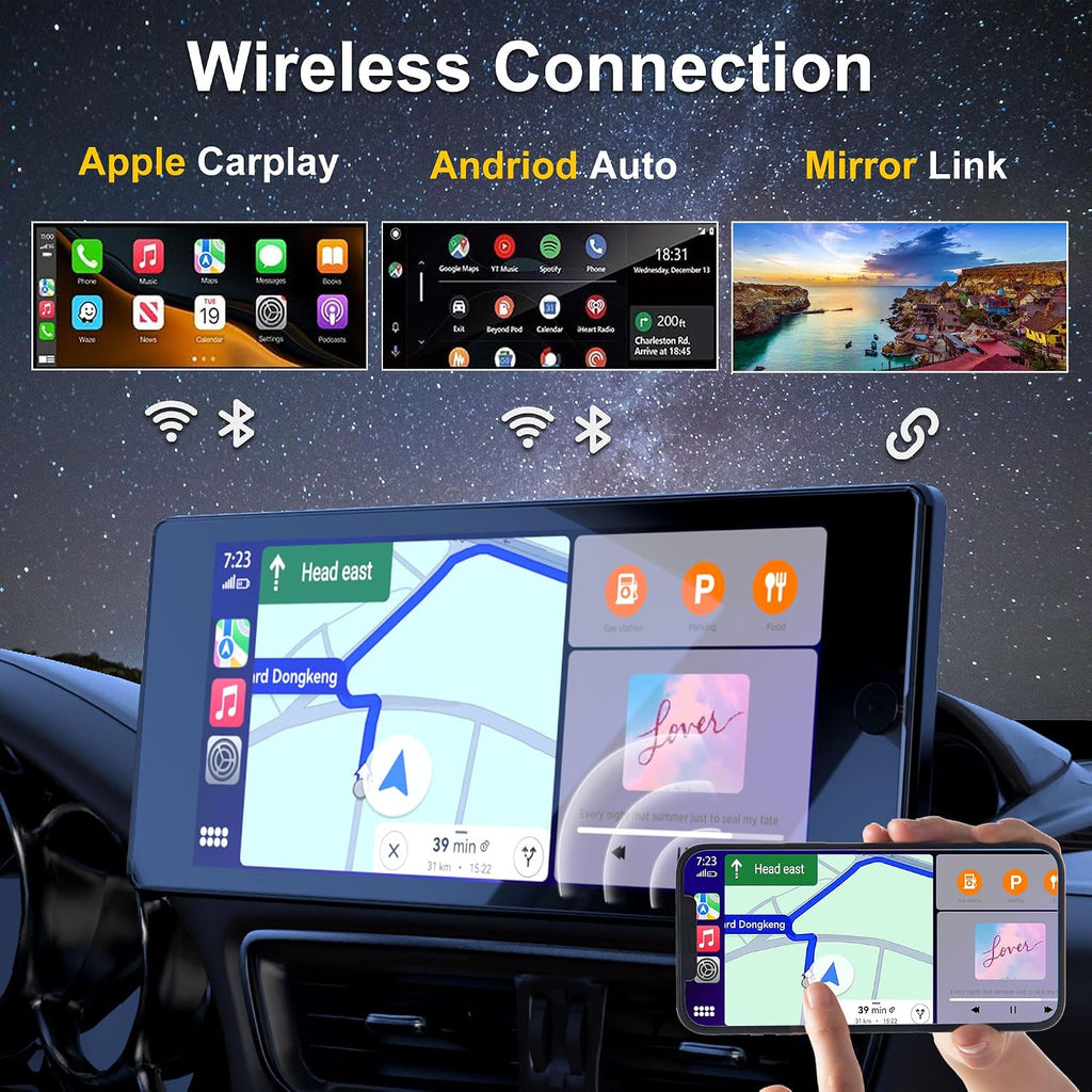 ASLONG 10.36' Wireless CarPlay Screen for Car & 4K 4CH Dash Cam with Android Auto, Portable HD Touchscreen Car Stereo with 1080P Backup Camera, GPS Navigation Mirror Link for Semi Trailer Truck